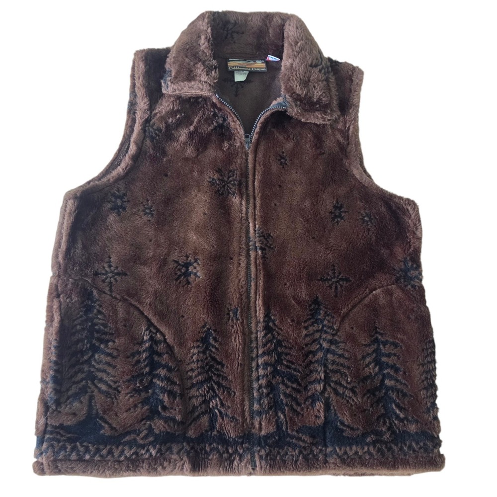 VTG Cobblestone Canyon Mens Vest Brown Faux Fur Fleece Tree Snowflake Print XL